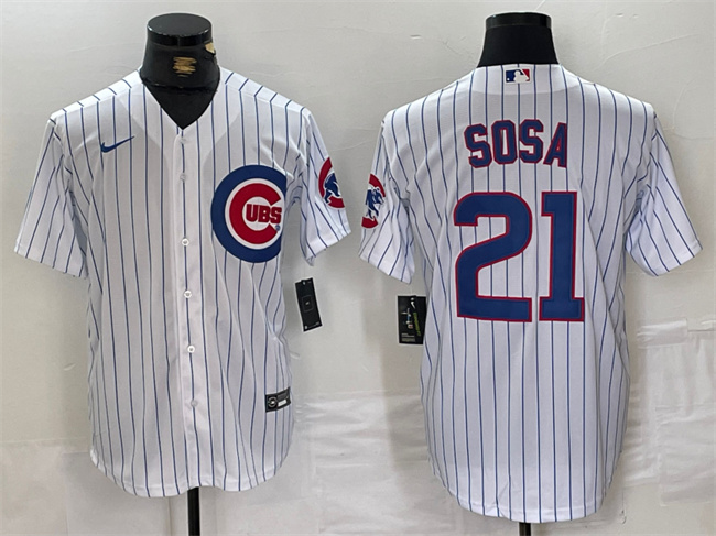 Men's Chicago Cubs #21 Sammy Sosa White With Patch Cool Base Stitched Baseball Jersey